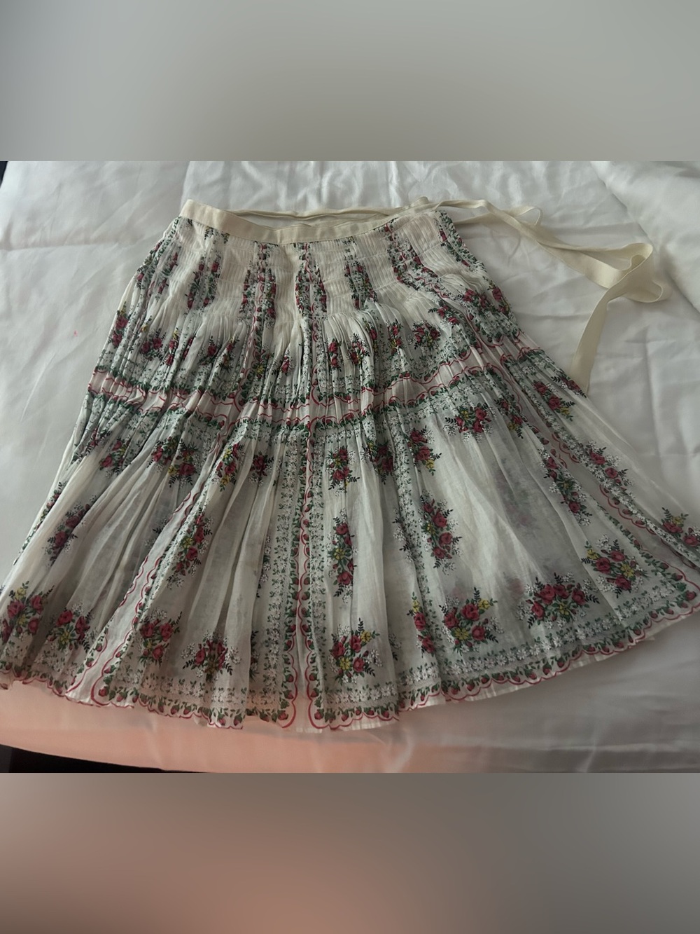 Tory Burch Ivory Floral Pleated Circle Skirt with Pink & Green Accents